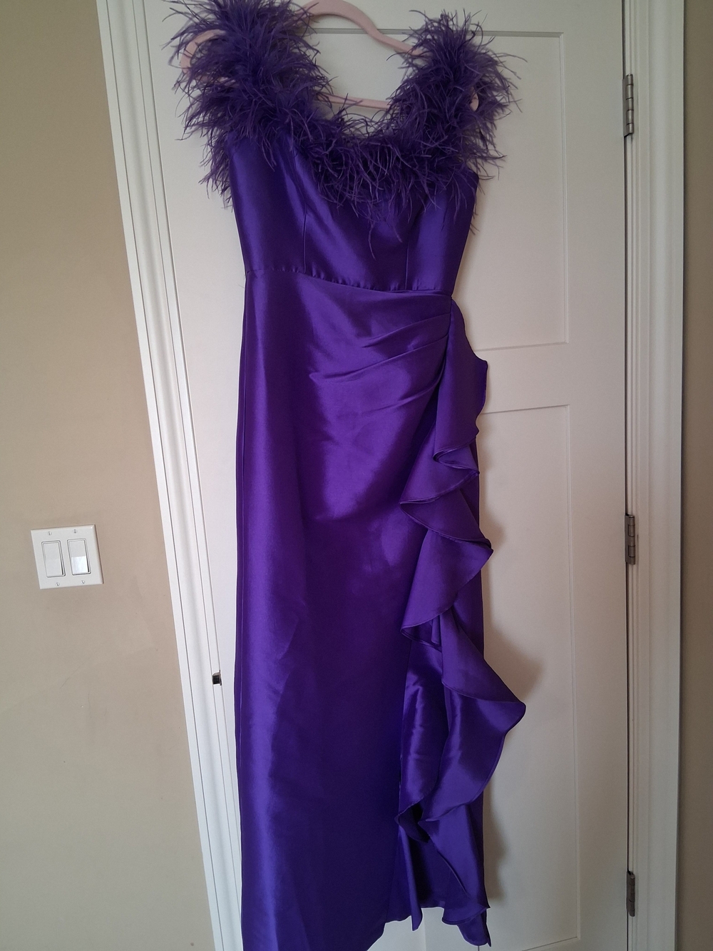 Badgley Mischka Purple Feather-Trim Satin Maxi Dress